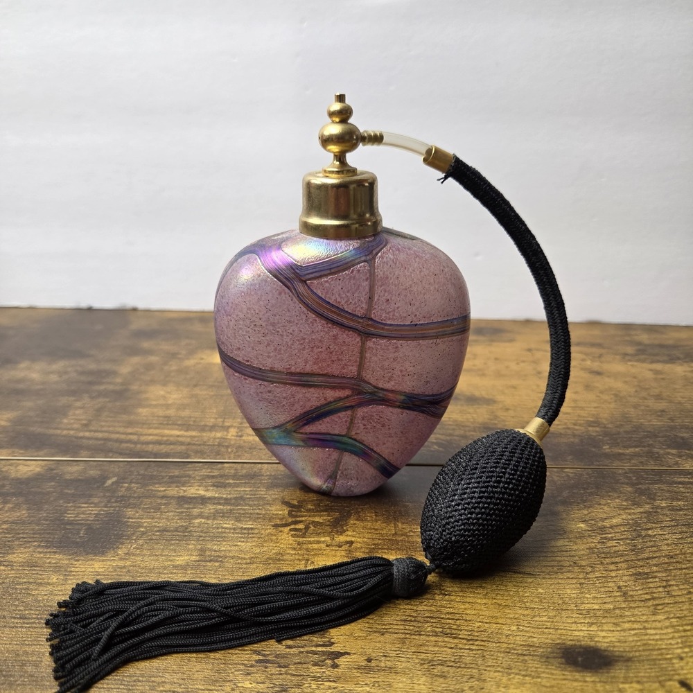 Vintage Iridescent Pink Art Glass Heart Perfume Bottle Atomizer Spray Squeeze